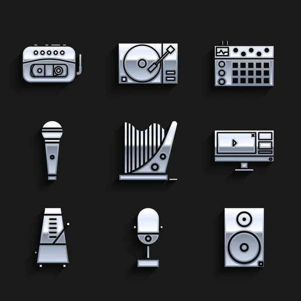 Set Harfe, Mikrofon, Stereo-Lautsprecher, Videorecorder oder Editor-Software-Monitor, Metronom mit Pendel in Bewegung, Drum-Maschine und Musikband-Player-Symbol. Vektor — Stockvektor