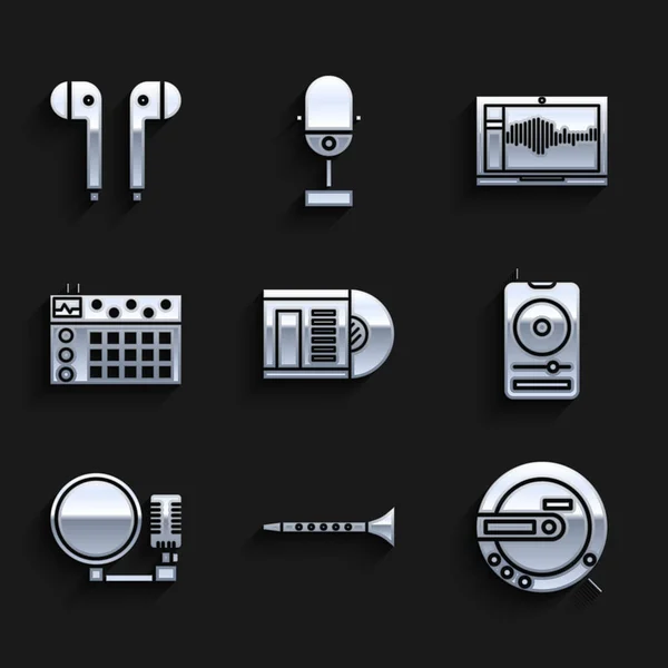 Set Vinyl disk, Clarinet, Music CD player, Microphone, Drum machine, Sound or audio recorder laptop and Air headphones icon. Vector — Stock Vector