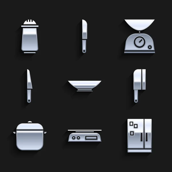 Set Schüssel, elektronische Waage, Kühlschrank, Fleischhacker, Kochtopf, Messer, Waage und Salz und Pfeffer Symbol. Vektor — Stockvektor