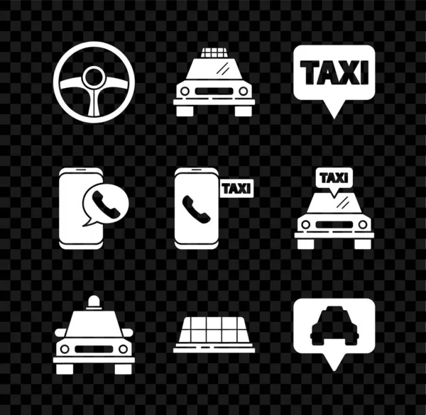 Set Volante, Taxi car, Mapa puntero con taxi, techo, servicio telefónico de llamadas e icono. Vector — Archivo Imágenes Vectoriales