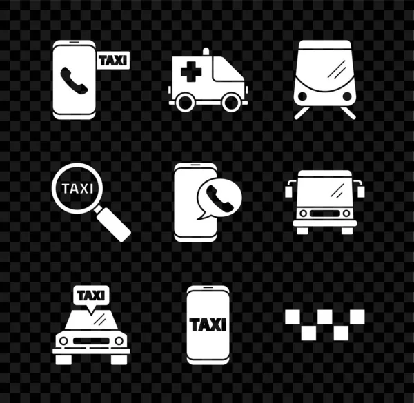 Définir un service téléphonique d'appel de taxi, Ambulance et voiture d'urgence, Tram ferroviaire, toit, Loupe taxi en verre et icône. Vecteur — Image vectorielle