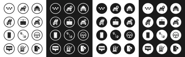 Set Taxi car, Cable, Alquiler de coches, azotea, Mapa puntero con taxi, Volante e icono de servicio telefónico de llamadas. Vector — Vector de stock