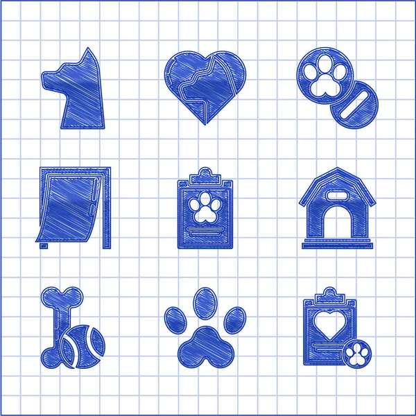 Set Clipboard with medical clinical record pet, Paw print, Dog house, Pet toys bone rubber and ball, Door for, pills and Cat icon. Vector — Stock Vector