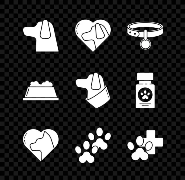 Set Chien, Coeur avec chien, Étiquette de nom de collier, chat, Imprimé patte, Symbole de clinique vétérinaire, Bol et icône pour aliments pour animaux de compagnie. Vecteur — Image vectorielle