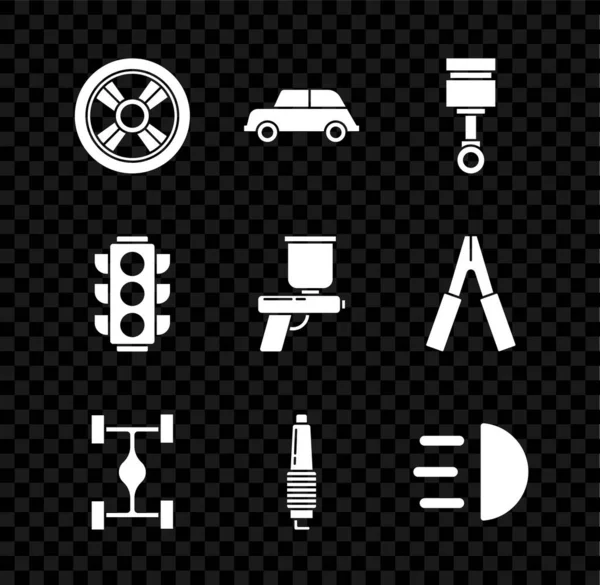 Set ruota auto, pistone motore, auto telaio, candela, fascio abbagliante, semaforo e vernice pistola a spruzzo icona. Vettore — Vettoriale Stock