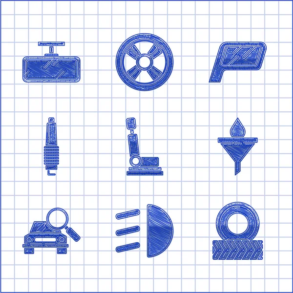 Definir assento de carro, feixe alto, roda, funil ou filtro e queda de óleo do motor, pesquisa, vela de ignição, espelho e ícone. Vetor —  Vetores de Stock