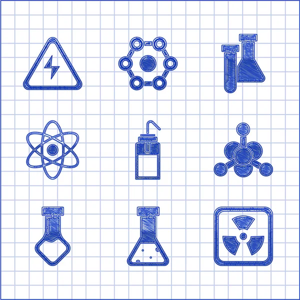 Σετ εργαστηριακή φιάλη πλύσης, δοκιμαστικό σωλήνα και φιάλη χημική, Radioactive, Βακτήρια, Atom, και υψηλής τάσης εικονίδιο σημάδι. Διάνυσμα — Διανυσματικό Αρχείο