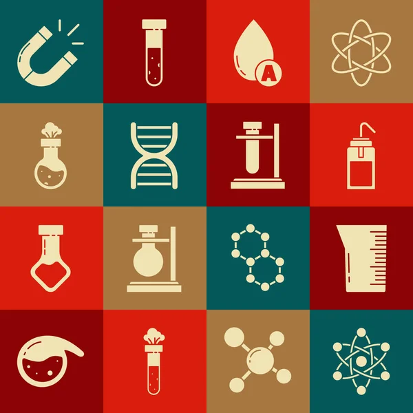 Set Atome, Verrerie ou bécher de laboratoire, bouteille de lavage, goutte d'eau, symbole ADN, tube à essai et flacon chimique, aimant et icône sur le stand. Vecteur — Image vectorielle