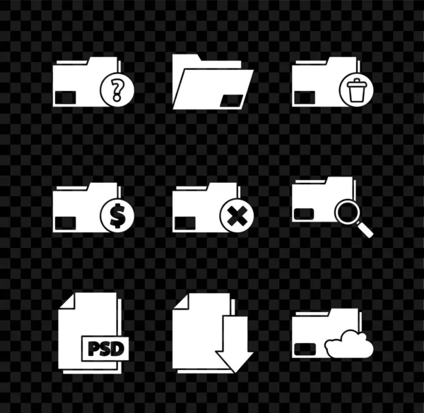 Установите папку с неизвестными документами, Document, Delete, PSD-файл, с загрузкой, текстом для хранения, финансами и значком. Вектор — стоковый вектор