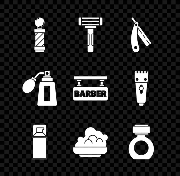 Set Classic Barber shop pole, Shaving razor, Straight, gel foam, Aftershave, bottle with atomizer and Barbershop icon. Vector — Stock Vector