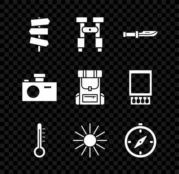 Ställ vägtrafikskylt, Kikare, Camping kniv, Meteorologi termometer, Sol, Kompass, Fotokamera och Vandring ryggsäck ikon. Vektor — Stock vektor