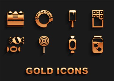 Lolipop, Çikolata, Çilek reçel kavanozu, Şeker, Dondurma, Pasta ve Donut ikonu. Vektör