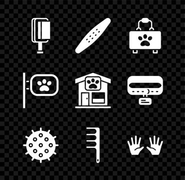 Köpek ve kedi için saç fırçası, tırnak törpüsü, evcil hayvan ilk yardım çantası, tenis topu, tıbbi lastik eldiven, tımar ve ikon. Vektör