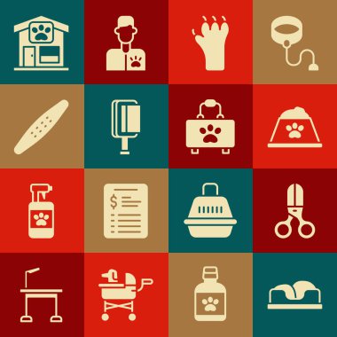 Evcil hayvan yatağı, makas kuaförü, yemek kasesi, pençe izi, köpek ve kedi için saç fırçası, tırnak törpüsü, tımarlama ve ilk yardım çantası ikonu. Vektör