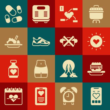 Kalp atış hızı, abur cubur, güneş, sağlığa dikkat spor ayakkabıları, sağlıklı, vitamin hapı ve uyuşturucu ikonu olmayan mobil set. Vektör