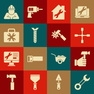 Anahtarı ayarla, çekiç, ingiliz anahtarı, ev tamiri, metal vida, alet çantası, mimar ve simge. Vektör