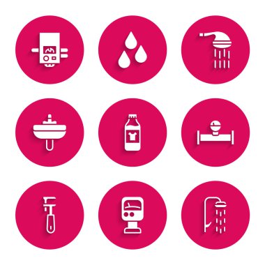 Temizlik malzemesi için şişe, basınç ölçer, duş, sanayi borusu ve manometre ayarlanabilir boru anahtarı, lavabo açıcı ve gaz kazanı ikonu ayarlayın. Vektör
