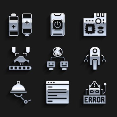 Yapay Zeka, Bilgisayar Ağı arayüzü, Hata Robotu, Garson, Robot kolu fabrikada, ana kart dijital çipi ve pil simgesini ayarla. Vektör