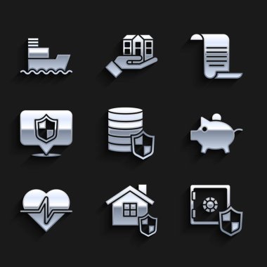 Rozetli para, House, Safe, Piggy Bank, Hayat Sigortası, Konum, Belge ve Gemi simgesi. Vektör