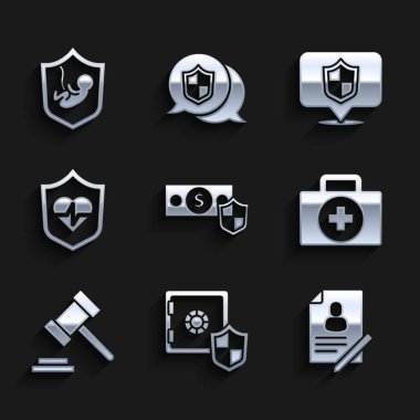 Rozetli Para, Güvenlik, Belge, ilk yardım çantası, Yargıç Tokmak, Hayat Sigortası, Konum ve İkona. Vektör