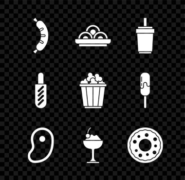 Hotdog, kasede Asya eriştesi, samanlı kağıt bardak, biftek, dondurma, çörek, sandviç ve patlamış mısır kutusu ikonu. Vektör