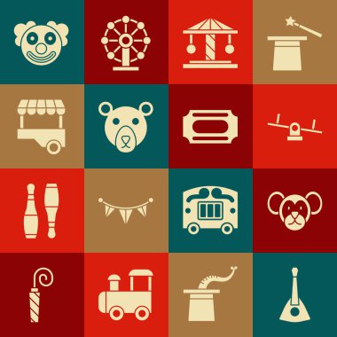 Balalaika, Monkey, Seesaw, Attraction Carousel, Bear Head, Fast street food seti, Palyaço ve Sirk bileti ikonu. Vektör