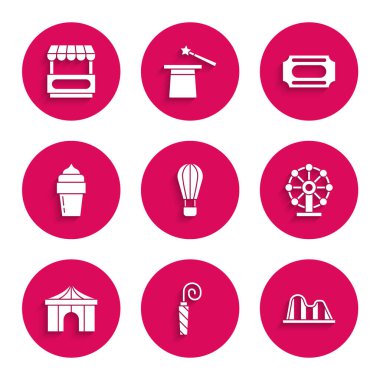 Sıcak hava balonu, doğum günü partisi kornası, lunapark treni, dönme dolap, sirk çadırı, dondurma, bilet ve Fast Street yemek arabası ikonu. Vektör
