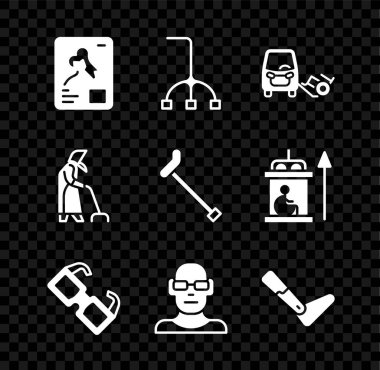 Röntgen, baston, engelli araba, gözlük, kötü görme, protez bacak, büyükanne ve ikon. Vektör