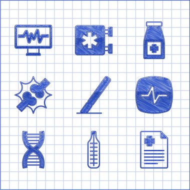 Cerrahi neşter, tıbbi termometre, hasta kaydı, kalp atışı, DNA sembolü eklem ağrısı, diz ağrısı, ilaç şişesi, ilaç ve kardiyogram ikonlu monitör ayarlayın. Vektör