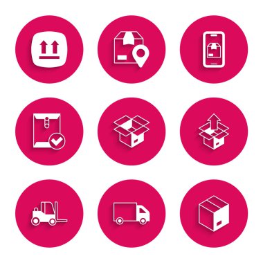 Unbox, Delivery kargo kamyonu, Carton karton, Forklift, Zarf ve İşaretleme, Mobil uygulama dağıtım takibi ve bu taraf simgesi. Vektör