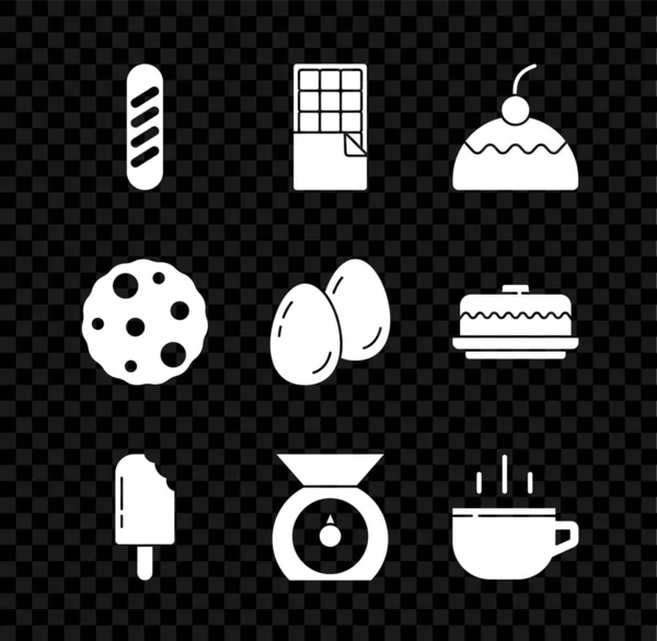 Set französisches Baguette-Brot, Schokoriegel, Kuchen, Eis, Waagen, Kaffeetasse, Plätzchen oder Kekse und Ostereier-Symbol. Vektor — Stockvektor