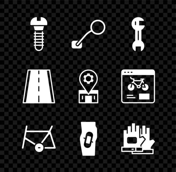 Set Metallic screw, Bicycle rear view mirror, Wrench spanner, frame, Plaster on leg, Gloves, lane and repair service icon. Vector — Stock Vector