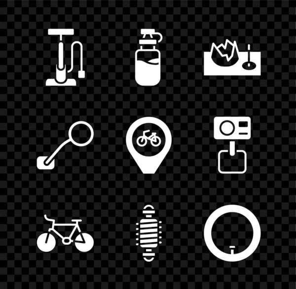 Definir bomba de ar de bicicleta, garrafa Sport com água, na rampa de rua, suspensão, roda, espelho retrovisor e ícone de bicicleta de localização. Vetor —  Vetores de Stock