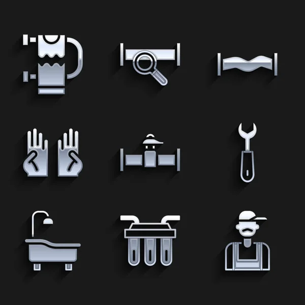 Set Industry pipe and valve, Water filter, Plumber, Wrench spanner, Bathtub, Rubber gloves, metallic and Heated towel rail icon. Vector — Stock Vector