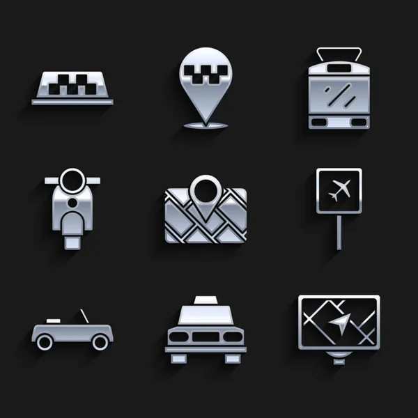 Set appareil GPS avec carte, Taxi voiture, Aéroport, Voiture, Scooter, Tram et ferroviaire et icône de toit. Vecteur — Image vectorielle