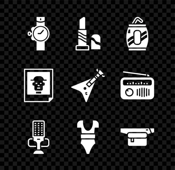 Set reloj de muñeca, lápiz labial, lata de refresco con paja, micrófono, traje de baño, bolsa de cintura de plátano, foto y icono de bajo eléctrico. Vector — Vector de stock