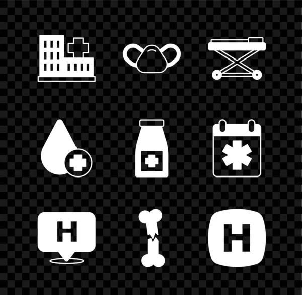 Set Krankenhaus Gebäude, medizinische Schutzmaske, Trage, Standort Krankenhaus, menschliche Knochen gebrochen, Schild, Spenden Tropfen Blut und Medizin Flasche und Pillen-Symbol. Vektor — Stockvektor