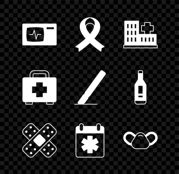 Set Monitor mit Kardiogramm, Sensibilisierungsband, Krankenhausgebäude, Kreuzbandpflaster, Arzttermin, medizinische Schutzmaske, Verbandskasten und Chirurgie-Skalpell-Symbol. Vektor — Stockvektor