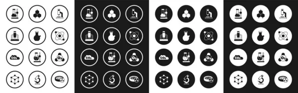 Definir microscópio, tubo de ensaio, frasco em suporte, Átomo, fórmula química, emissões de ozônio e CO2 no ícone da nuvem. Vetor —  Vetores de Stock