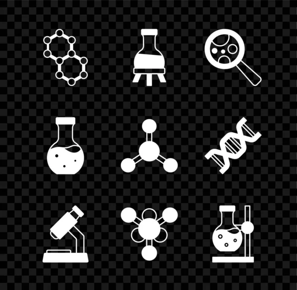 Set Molécule, éprouvette, micro-organismes sous loupe, microscope, fiole sur pied, et icône. Vecteur — Image vectorielle