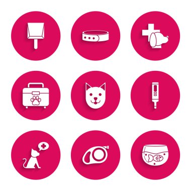 Kedi, karabina, akvaryum balığı, medikal dijital termometre, veteriner kliniği sembolü, ilk yardım çantası ve faraş ikonu ile geri çekilebilir ip tasmasını ayarla. Vektör