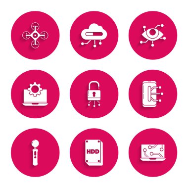 Kilidi dijital devre kartına, sabit disk sürücüsü HDD, dizüstü bilgisayar, akıllı telefon, cep telefonu, Gamepad ve dişli, Sanal gerçeklik ve İHA simgesine ayarla. Vektör