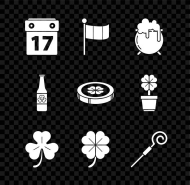 Aziz Patrick gününü takvim, Ulusal İrlanda bayrağı, cadı kazanı, dört yapraklı yonca, baston, bira şişesi 4 ve altın sikke ikonu ile ayarla. Vektör