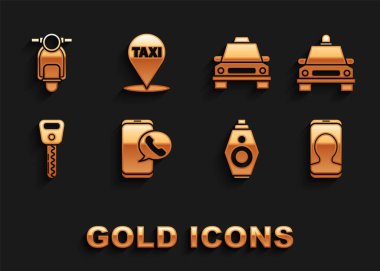 Taksi çağırma servisini, arabayı uzaktan kumandalı araba anahtarını, Scooter 'ı ve harita işaretleyici taksi ikonunu ayarla. Vektör