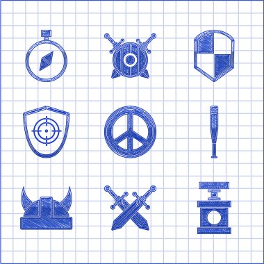 Barışı ayarla, ortaçağ kılıcını çapraz yap dinamit, beysbol sopası, boynuzlu miğfer, hedef sporu, kalkan ve pusula ikonu. Vektör