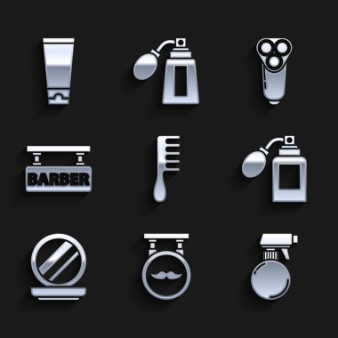 Saç fırçası, berber dükkanı, kuaför tabancası sprey şişesi, atomla tıraş losyonu, makyaj tozu aynası erkekler için elektrikli tıraş bıçağı ve krem losyon kozmetik tüp ikonu. Vektör