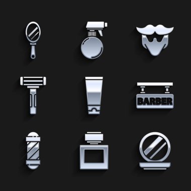 Krem veya losyon kozmetik tüpü, tıraş losyonu, aynalı makyaj tozu, berber dükkanı, klasik direk, tıraş bıçağı, bıyık, sakal ve el ikonu. Vektör