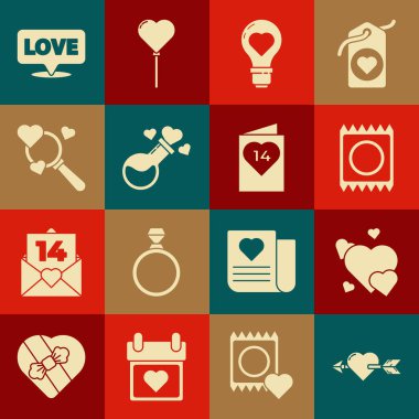 Amour 'u kalp ve okla, Heart, prezervatif pakette, şekil ampulü, şişe aşk iksiri, Arama, Konuşma köpüğü metni ve Sevgililer Günü broşürü ile ayarla. Vektör