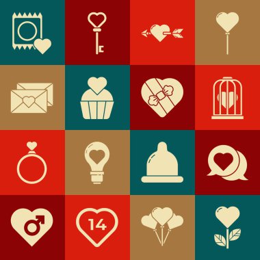Kalp şeklini çiçek, konuşma balonu, kuş kafesi, kalbi ve oku olan aşk, düğün pastası, Zarif Sevgililer Günü, prezervatif paketi ve Candy şeklinde kutu ikonu şeklinde ayarla. Vektör