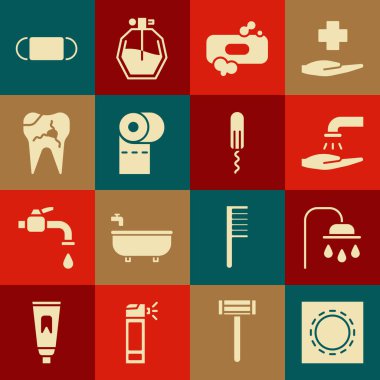 Prezervatifi paket güvenli sekse, duş başlığına, ellerini sabunla yıkamaya tuvalet kağıdı rulosuna, kırık dişe, tıbbi koruyucu maskeye ve hijyenik tampon ikonuna koy. Vektör